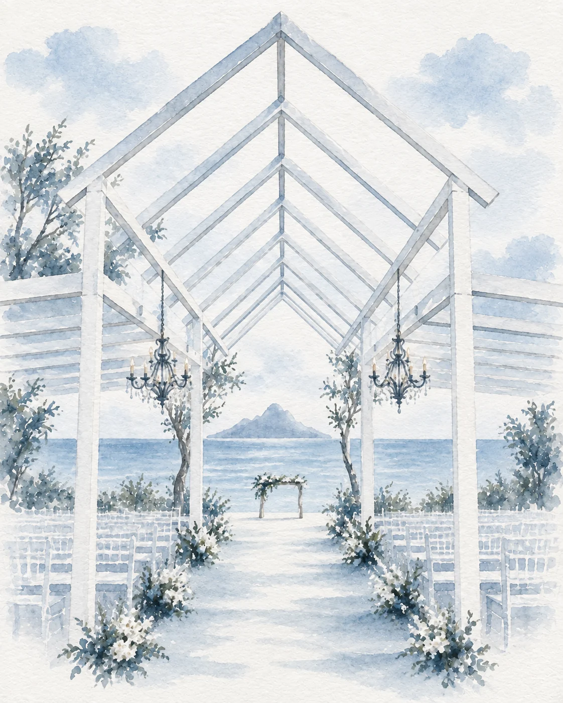 Aquarela do pavilhão branco da cerimônia, com corredor de flores e o mar ao fundo